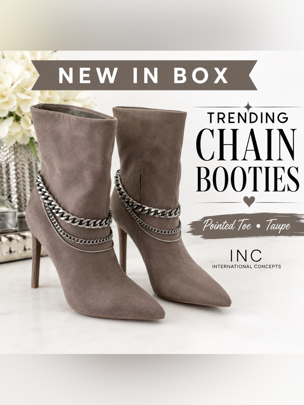NWT INC Reanna Taupe Chain Pointed Toe Stiletto Ankle Booties Size 8.5